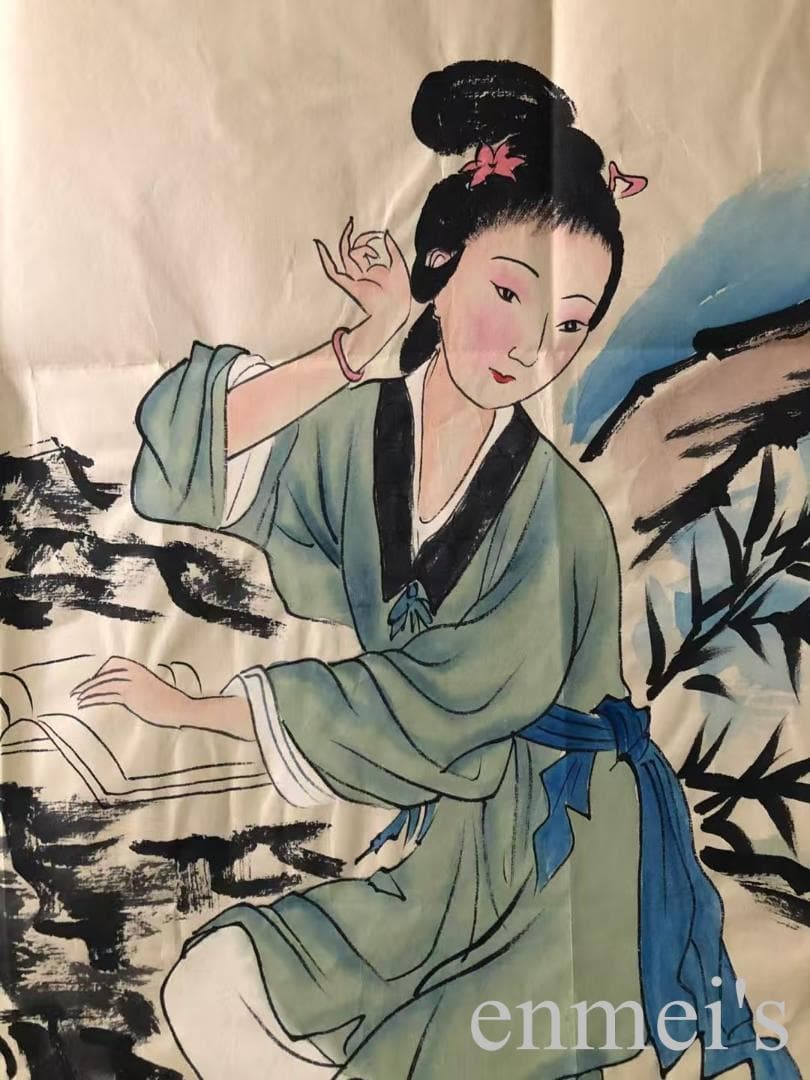 中国古美術・仕女図三尺画芯・純手描き・工筆・彩色画・仇英印款・書道・宣紙・带水印