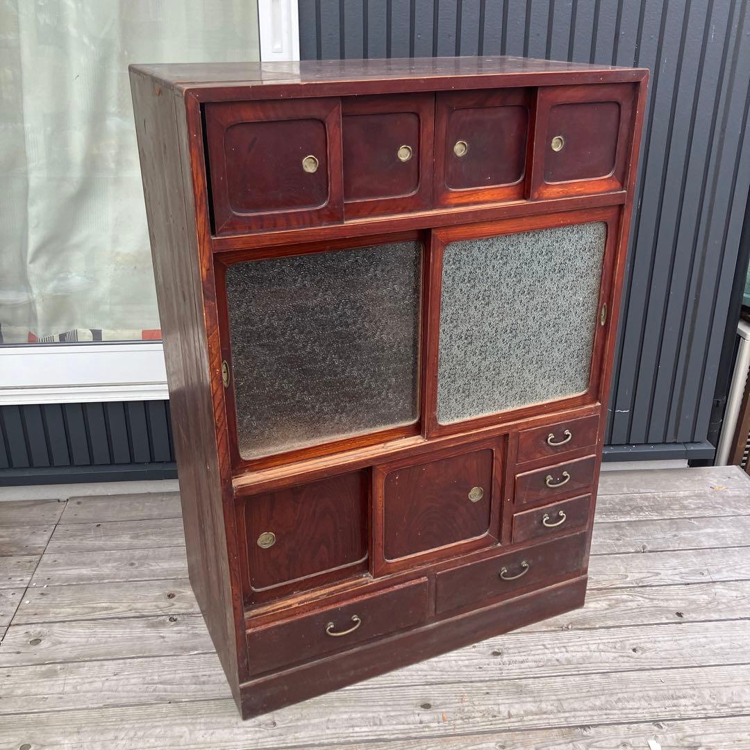 昭和レトロ 無垢材 茶箪笥 すりガラス サイドボード 古家具 古民家 ビンテージ
