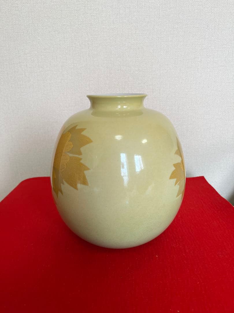 人間国宝 吉田美統『釉裏金彩 芙蓉文 花瓶』Y33 共箱 共布 陶歴 立札付