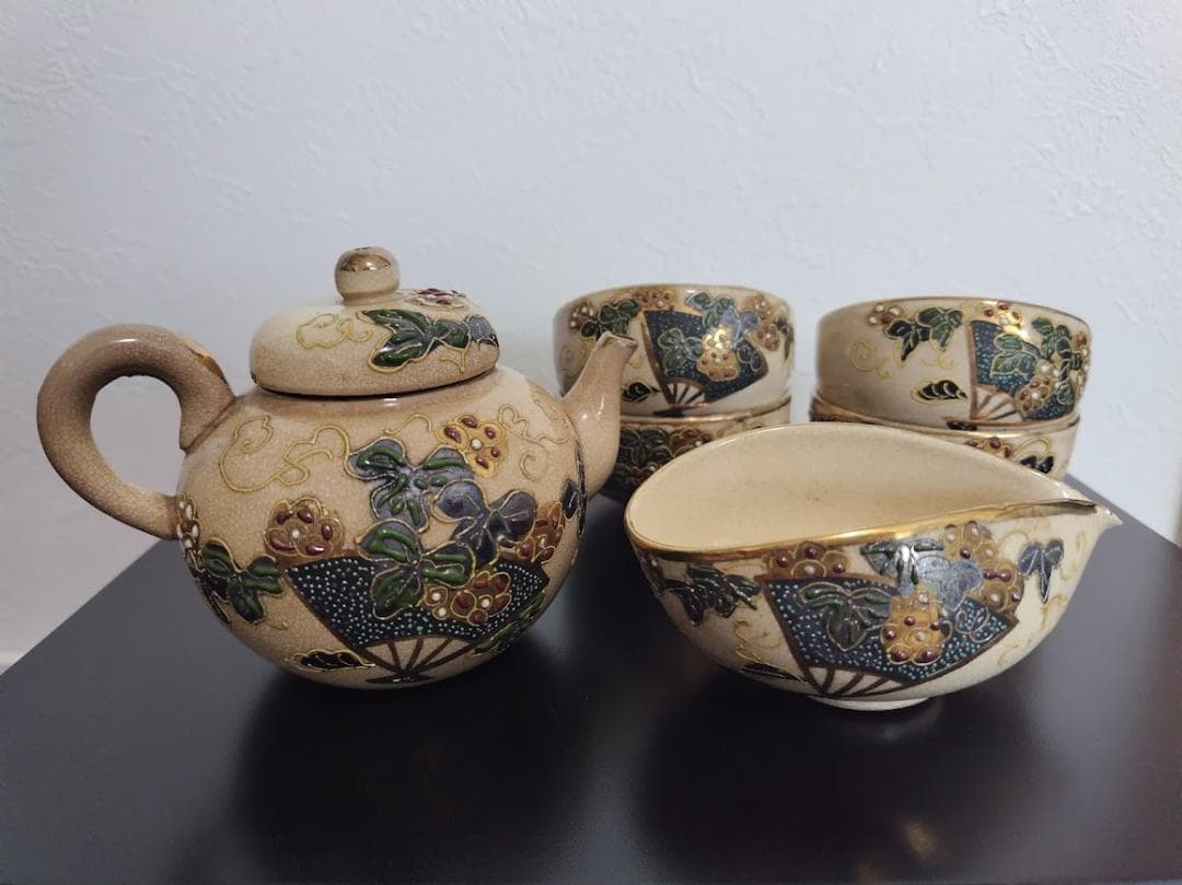 年代物　古清水　清水焼　湯呑　湯冷まし　急須茶器3点セット　陶器製　焼物