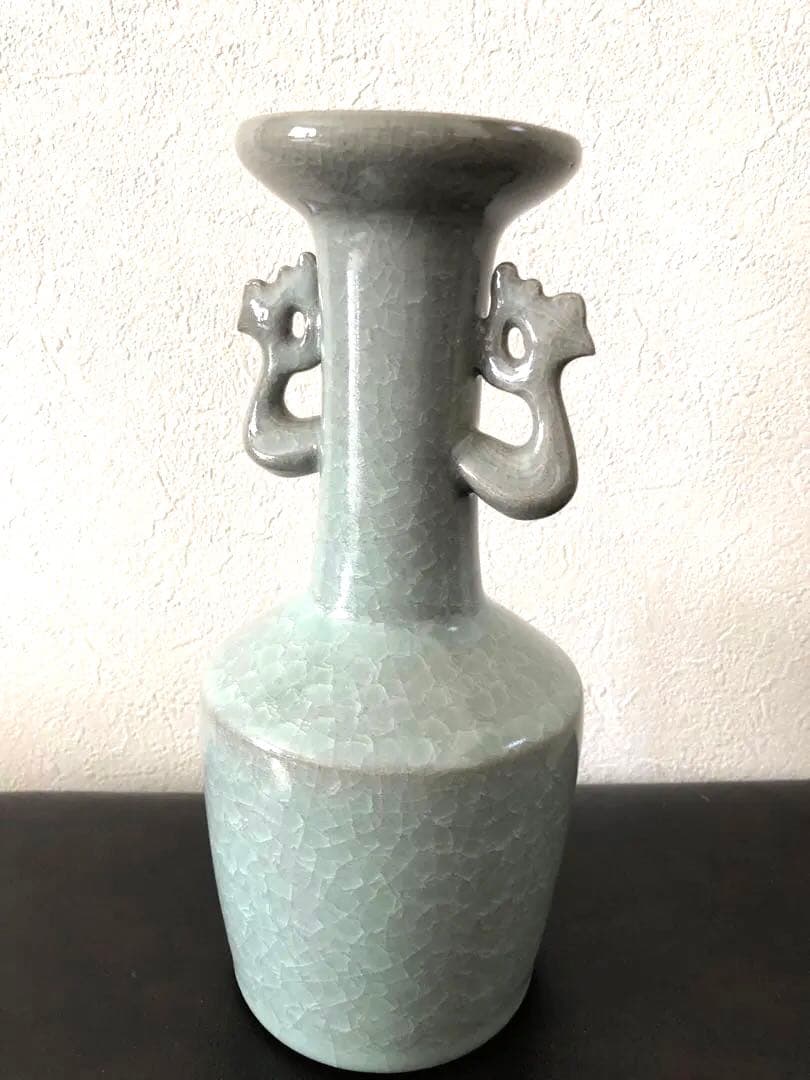 【未使用】軌窯　久田重義 作　青瓷鳳凰耳花生　希少　常滑焼　花入　花瓶