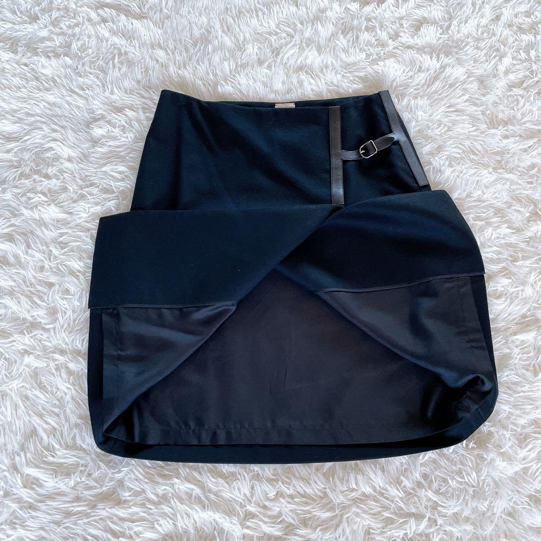 希少✨【エルメス】レザーベルト ラップスカート 巻きスカート ブラック ロゴ刻印