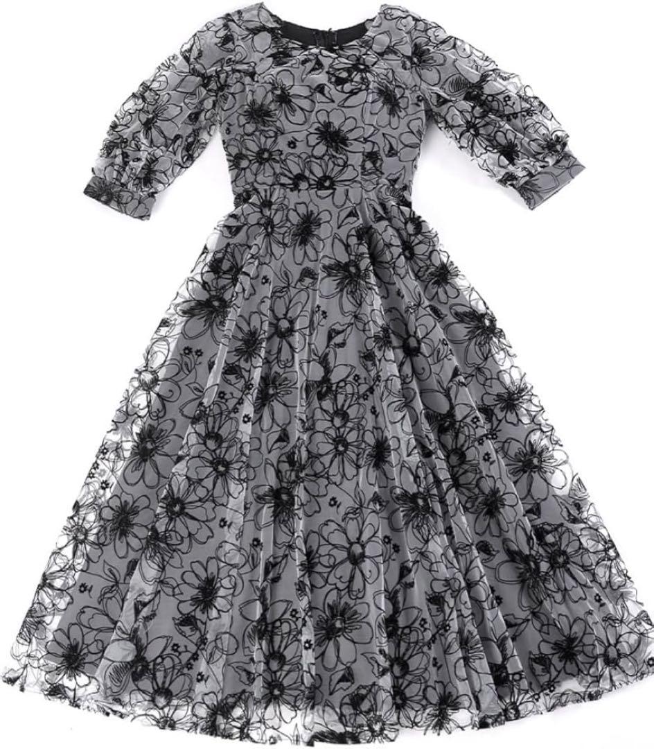 パーティードレス 花柄 裏地付き Aライン ロング丈 フォーマル 結婚式 L