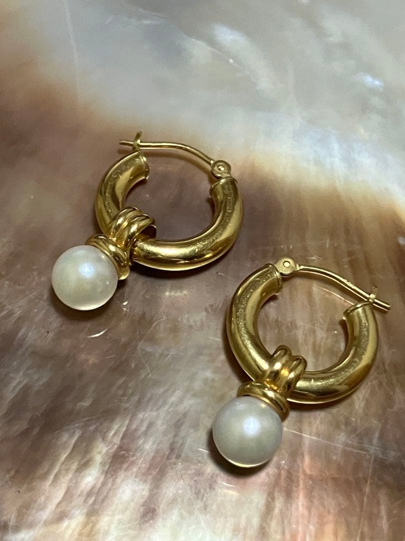 K18 ゴールド　パール　フープ　ピアス