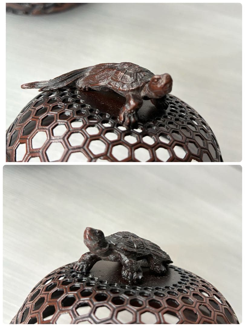 香炉　高岡銅器 彫金　佐野宏采　華鶴　亀　透かし蓋　茶道具　香道具