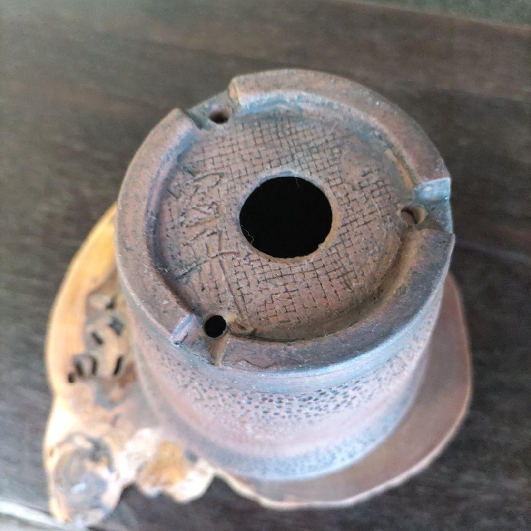 富舟、落款、盆栽鉢、植木鉢、古鉢、鋲打ち鉢、常滑焼、花台付