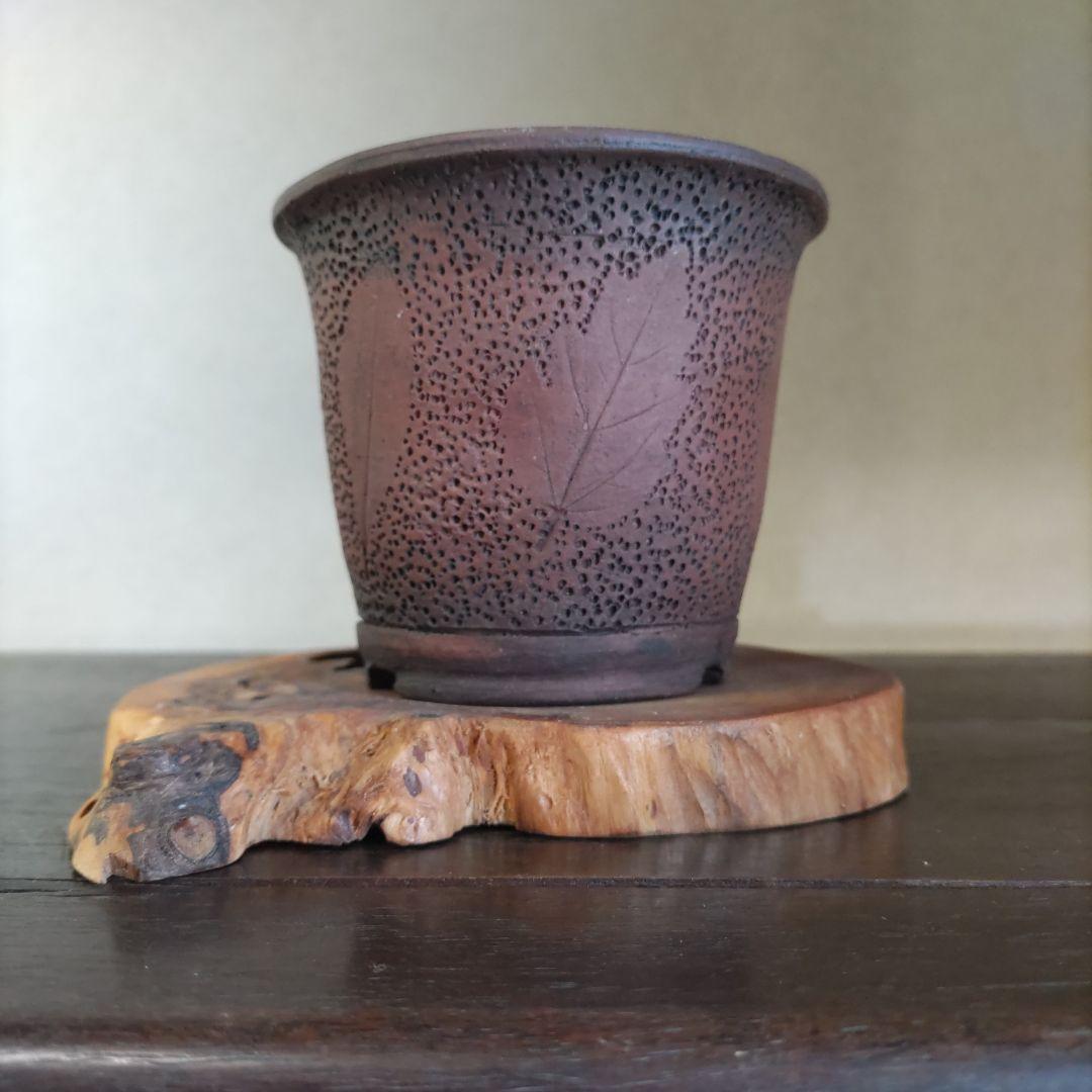 富舟、落款、盆栽鉢、植木鉢、古鉢、鋲打ち鉢、常滑焼、花台付