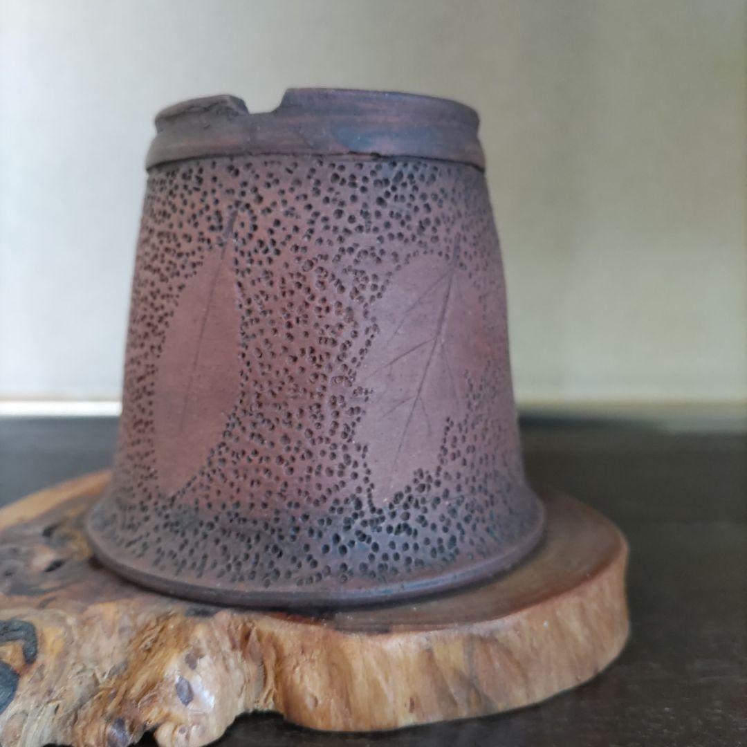 富舟、落款、盆栽鉢、植木鉢、古鉢、鋲打ち鉢、常滑焼、花台付