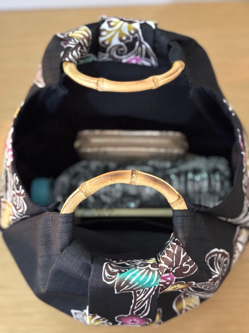 和装バック着物バック琉球紅型・琉球柄・葵の柄（黒）入学卒業結婚七五三振袖お宮参り