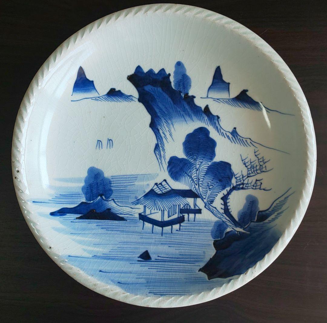 古伊万里 白磁大皿 江戸時代中期 白磁青い山水画大皿