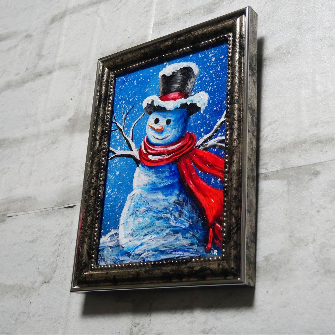 【赤いマフラーの雪だるま】絵画 油彩 油彩画 絵 油絵