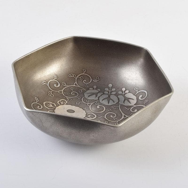 茶道具　古錫　三越製　花草文　菓子器　菓子鉢　時代箱付　V　9135