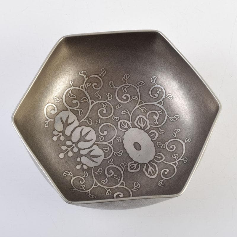 茶道具　古錫　三越製　花草文　菓子器　菓子鉢　時代箱付　V　9135