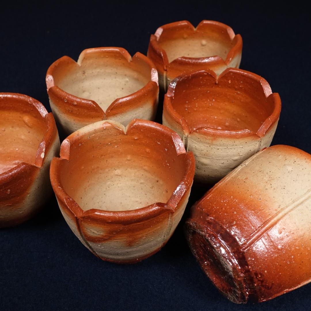 備前焼 緋襷 輪花 向付 6客 在銘 作家物