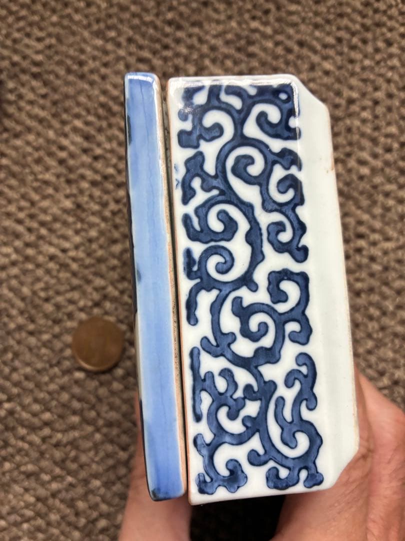 花鳥模様の陶器製小箱　食鉢　寿峰作　木箱付き　昭和