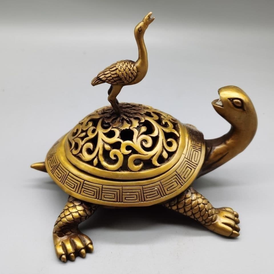 銅器 彫刻 亀鶴香炉 茶道香炉 工芸品 美術品 置物