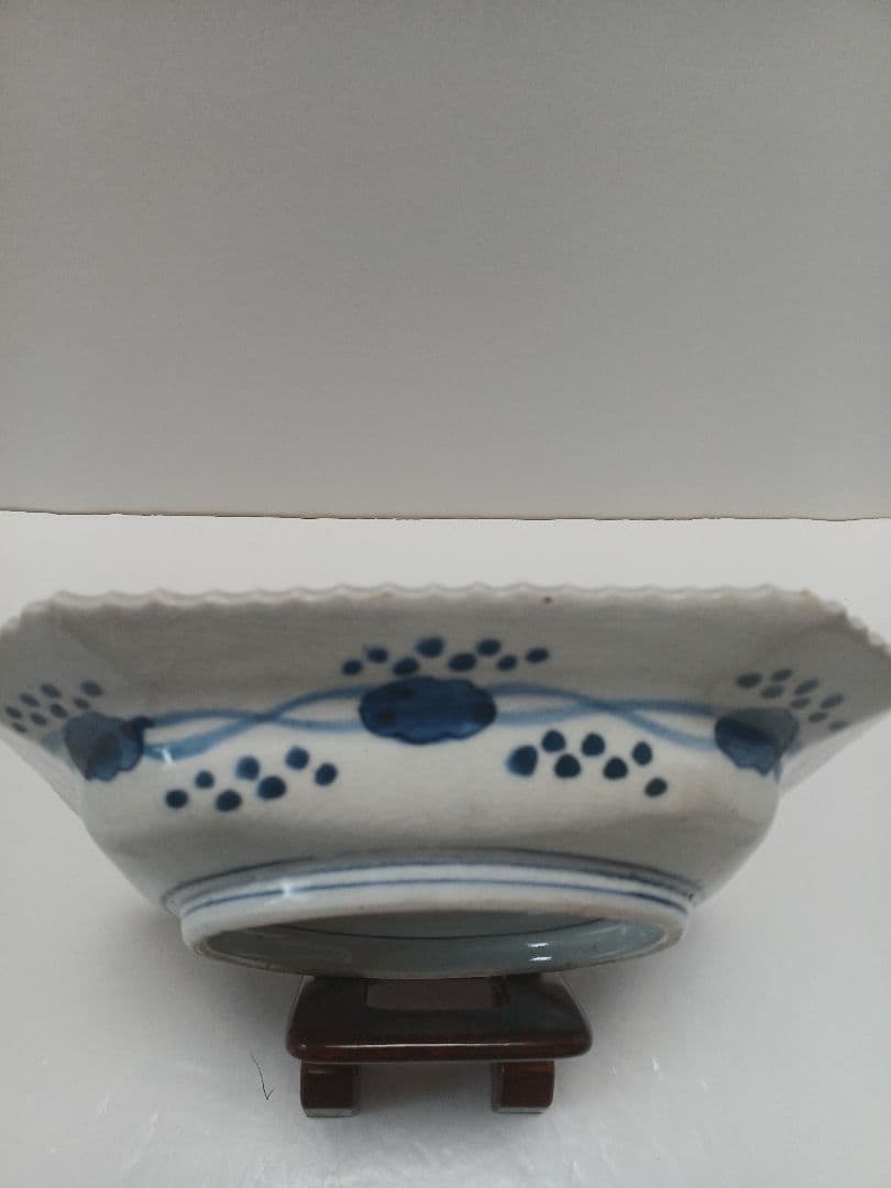 骨董伊万里　線描　染付　鳳凰文　角皿　隅切　1客