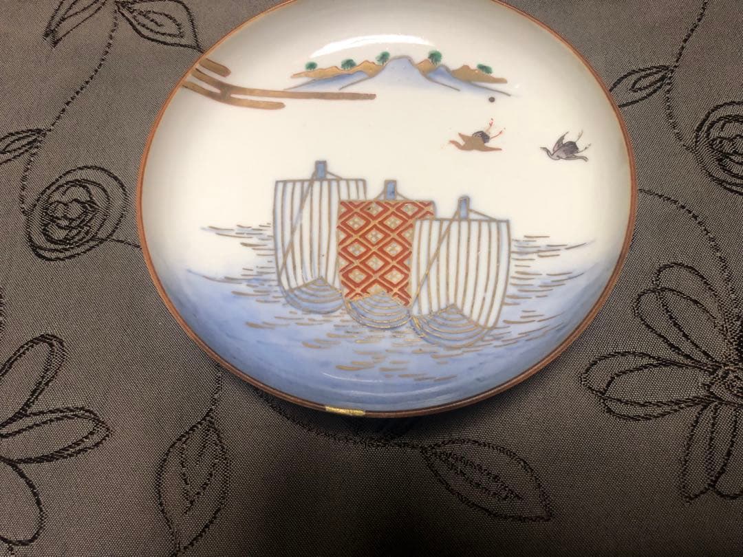 江戸明治時代色絵皿 帆掛船