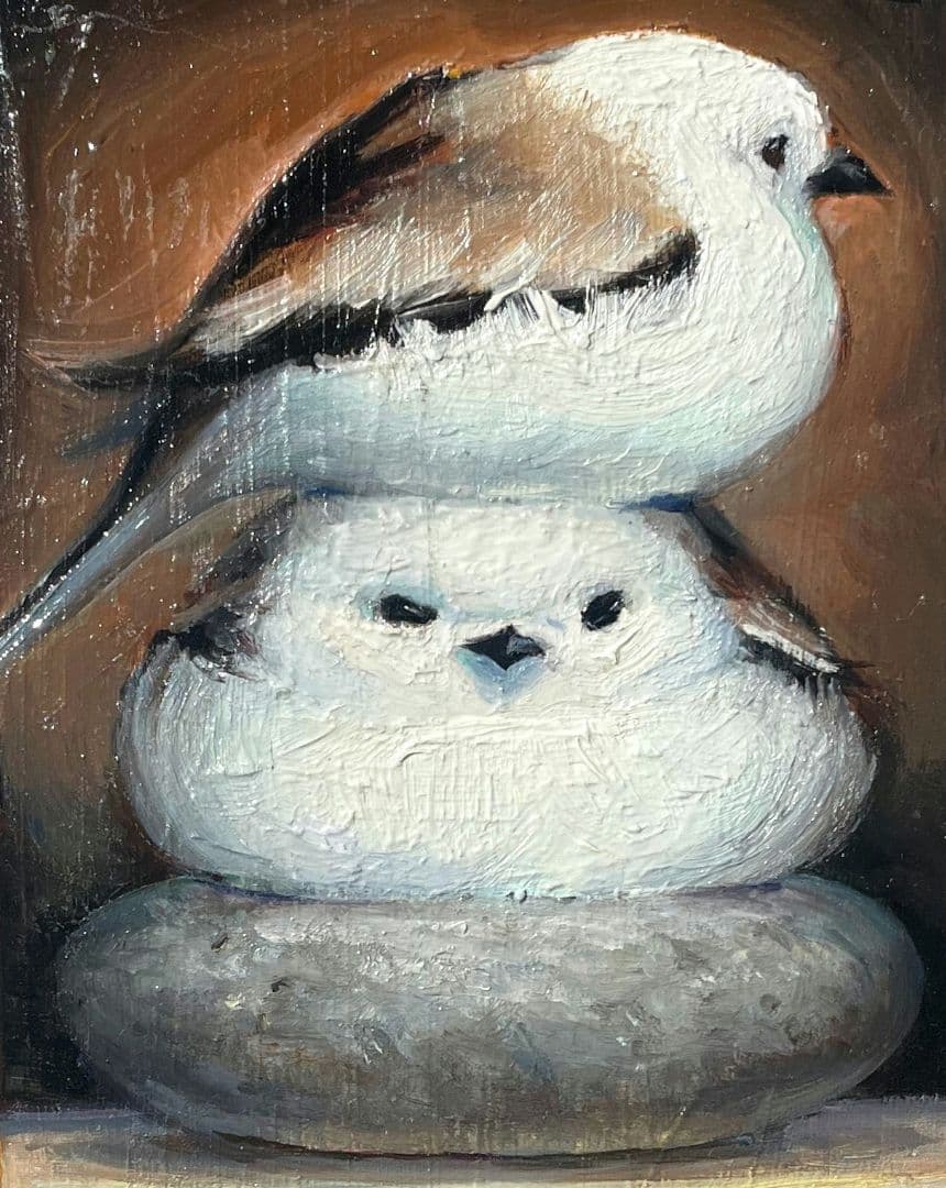 「一石二鳥」　シマエナガ　ミニ絵画　原画　油彩画　油絵