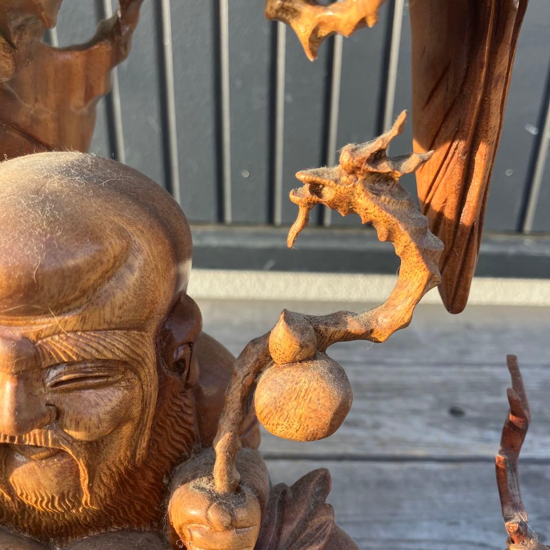 昭和レトロ 天然木 一刀彫 極上彫 七福神 寿老人 鹿 大型 置物 オブジェ