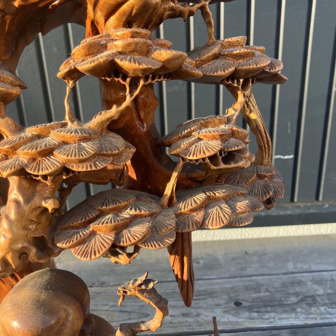 昭和レトロ 天然木 一刀彫 極上彫 七福神 寿老人 鹿 大型 置物 オブジェ