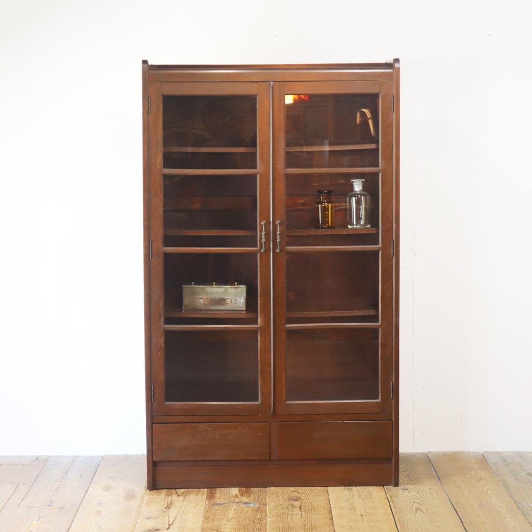 レトロ ガラスキャビネット 本箱 収納 食器棚 ラック 引き出し 抽斗 2杯