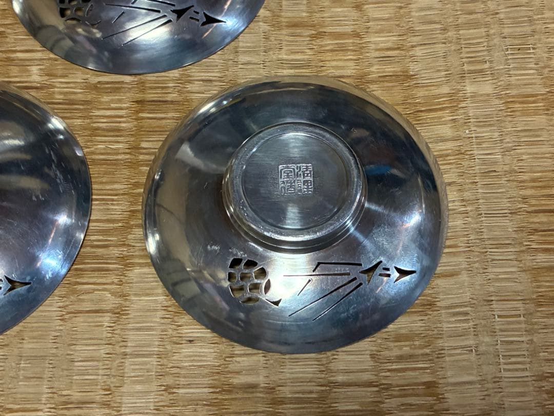 錫製 精課堂造 透かし 圓式茶托 五客 共箱