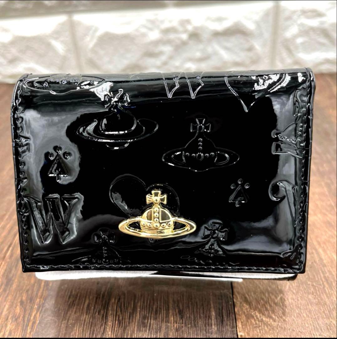 新品未使用　ヴィヴィアンウエストウッド 三つ折財布　黒　エナメル　がま口　⑧