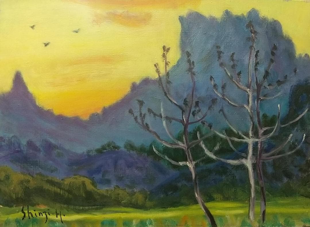 F4「里の夕ぐれ」油絵 絵画 油彩画 風景画 アート 妙義山