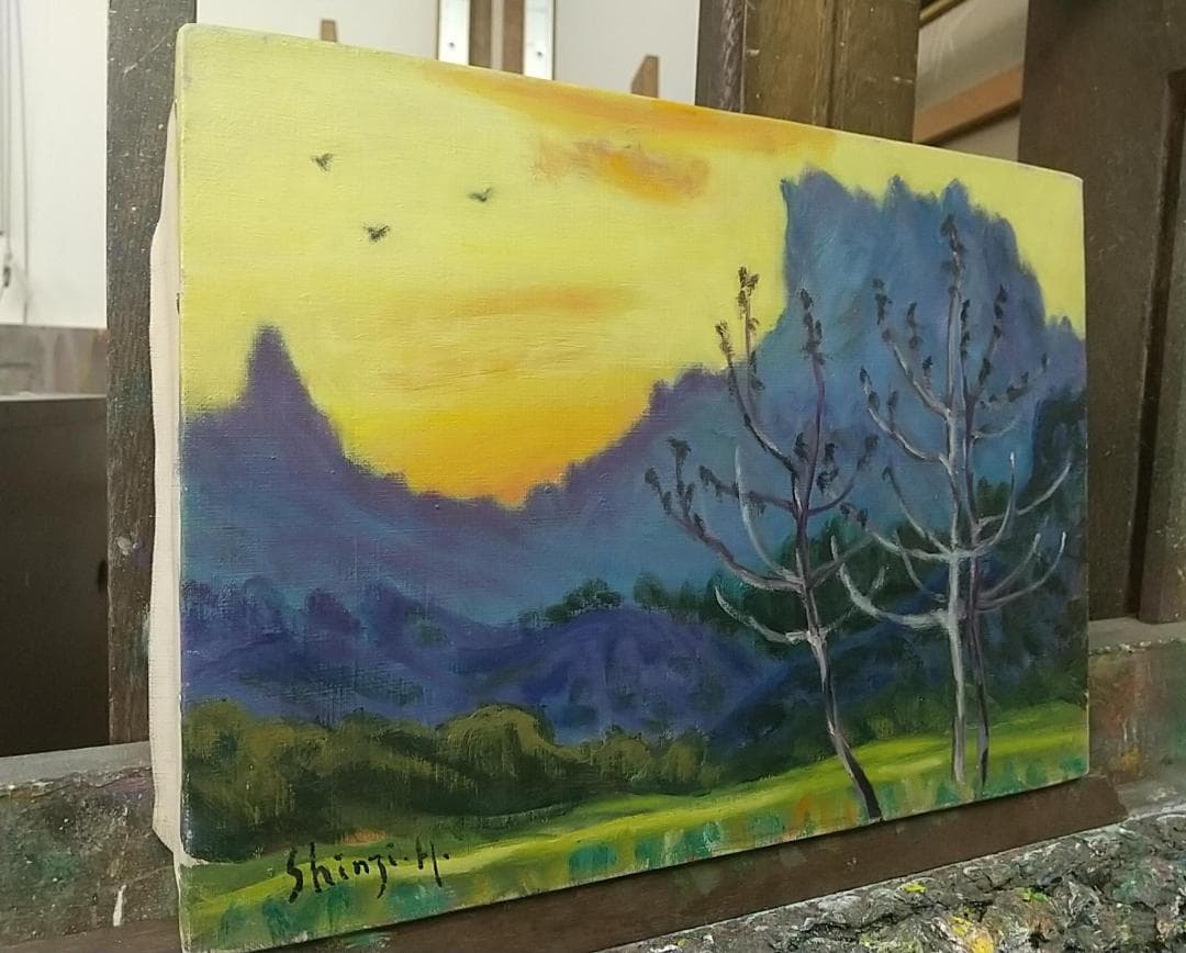 F4「里の夕ぐれ」油絵 絵画 油彩画 風景画 アート 妙義山