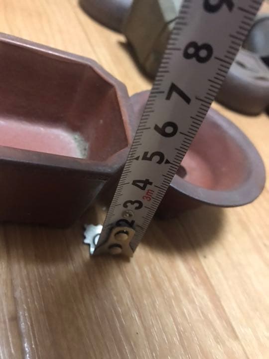 盆栽鉢紫砂朱泥4個中国宜興雷紋正方角切り鉢、文山絵付豆鉢2個落款無雲足陣笠鉢