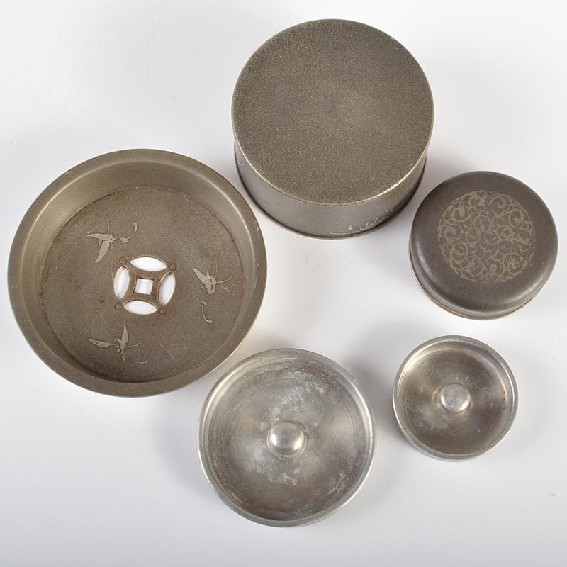 錫製　間村自造　四君子文　茶壷　茶こぼし　合計約985g　3点　D　R6368