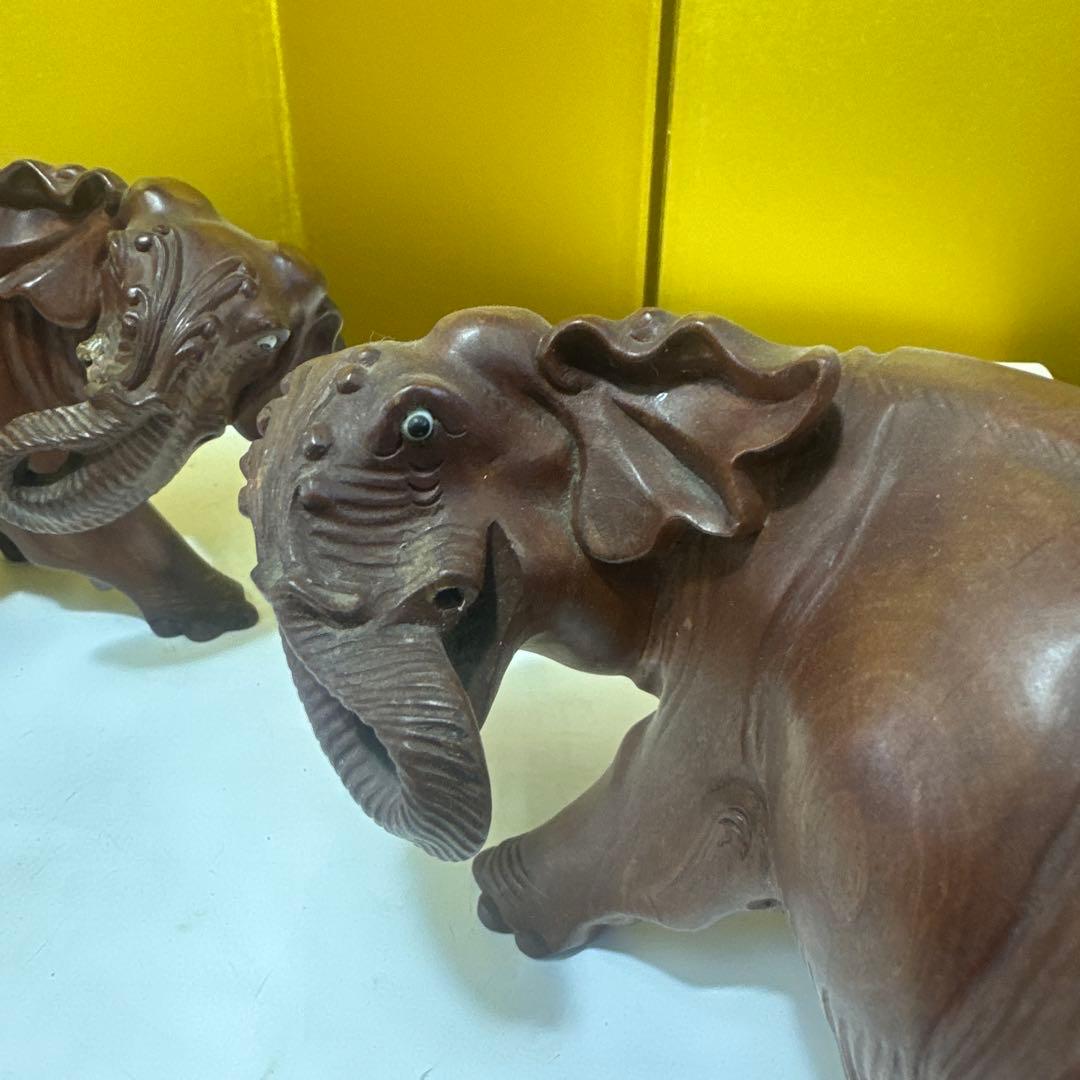 木製象の彫刻 2体セット