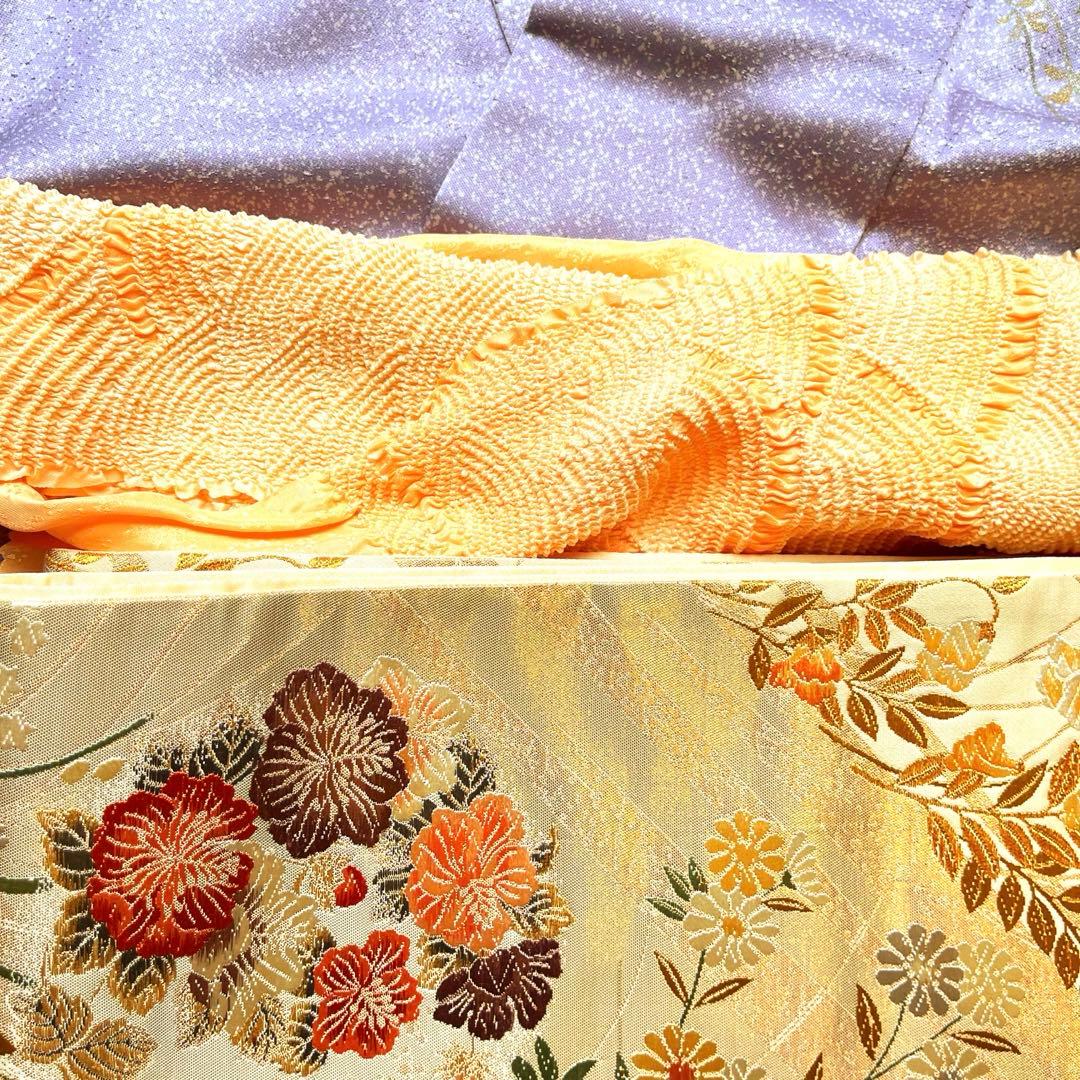 薄紫色の花柄京友禅訪問着・花柄刺繍帯・帯揚げ・帯締め・長じゅばんフルセット