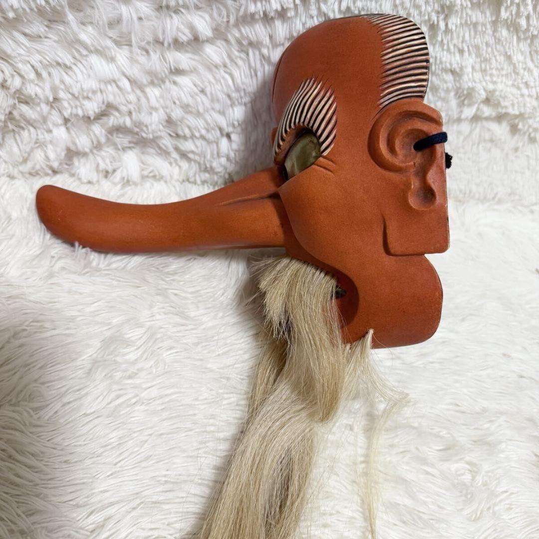 【希少・共箱付】能面士　森崎夢我作　木彫 天狗面　平成十年作　天然毛　能面