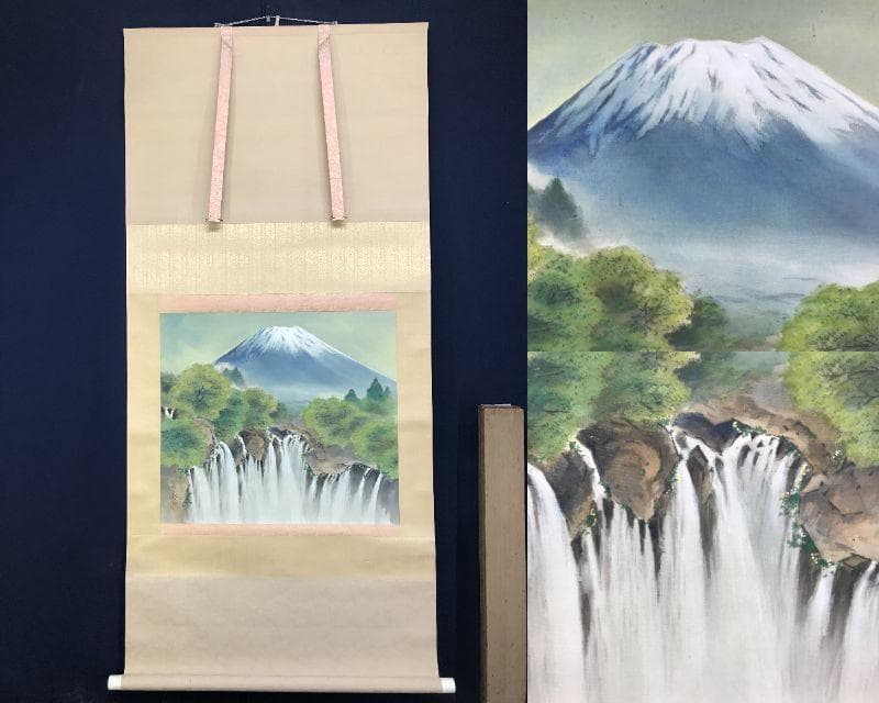 真作/堀江春斎/富士に白糸滝図/富士山図/滝/富岳図/掛軸/名家伝来AE-388