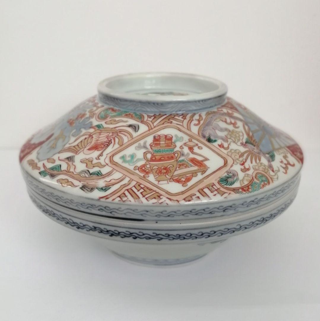 古伊万里　蓋物　色絵金彩　鳳凰と龍の図　食籠