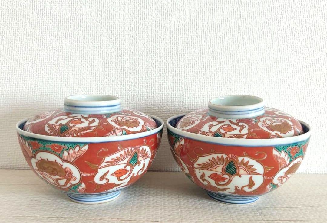 お値下げしました、2個組　古伊万里　色絵　鳳凰　飯茶碗