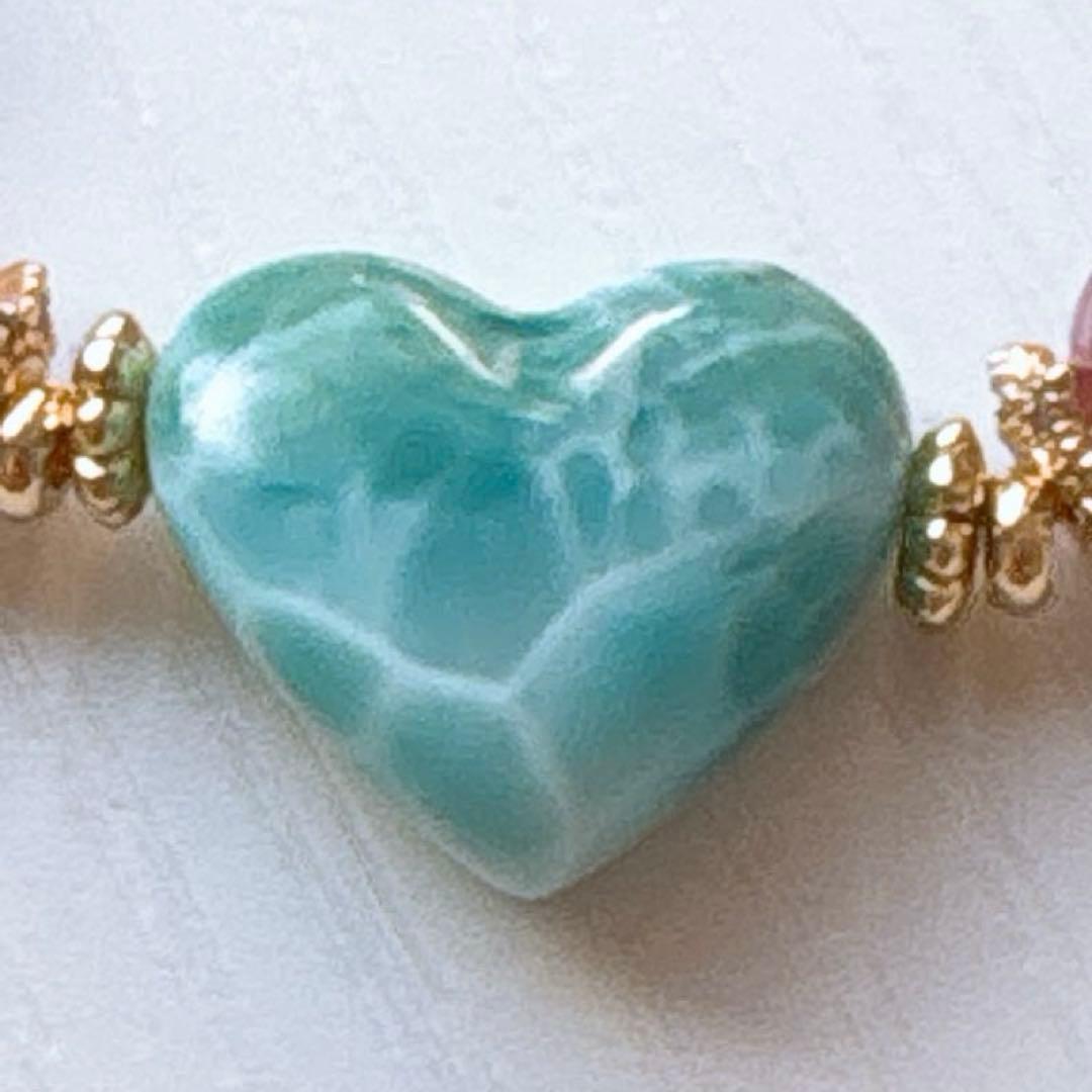 ラリマー ハート＆インカローズ・トルマリン・モルガナイト天然石ブレスレット