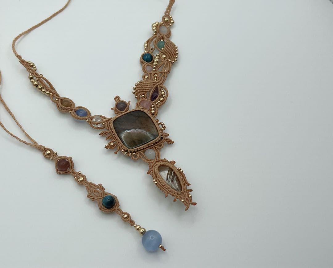 【handmade】マクラメ× ラブラドライト ルチルクォーツ ネックレス