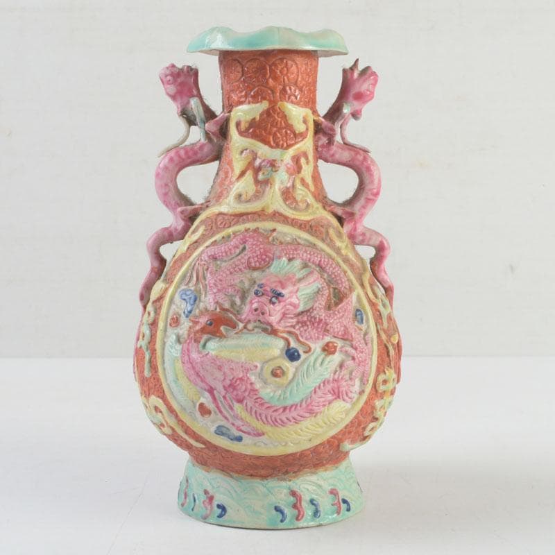 中国　大清乾隆年製款　粉彩　雲龍鳳凰文瓶　V　9566