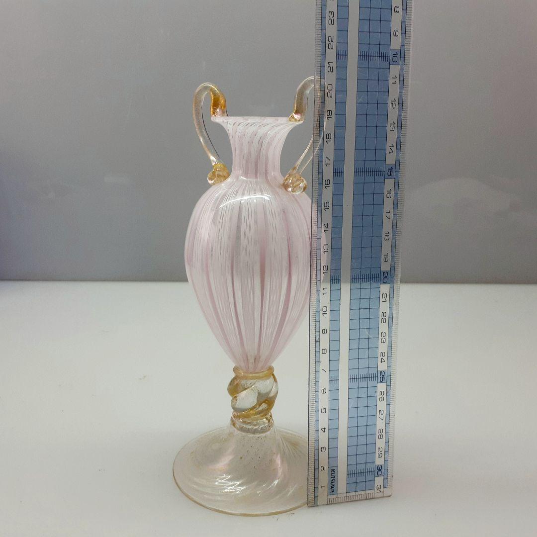 MURANO GLASS ムラノ 金彩 双耳 ホワイト レース ピンク 花器