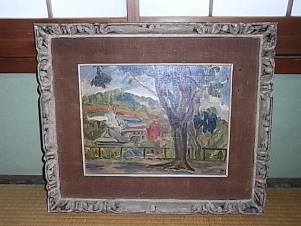 ◆【真作保証】美品 昭和31年作！山田正孝 東光会『長崎 活水稜庭より』油絵6号