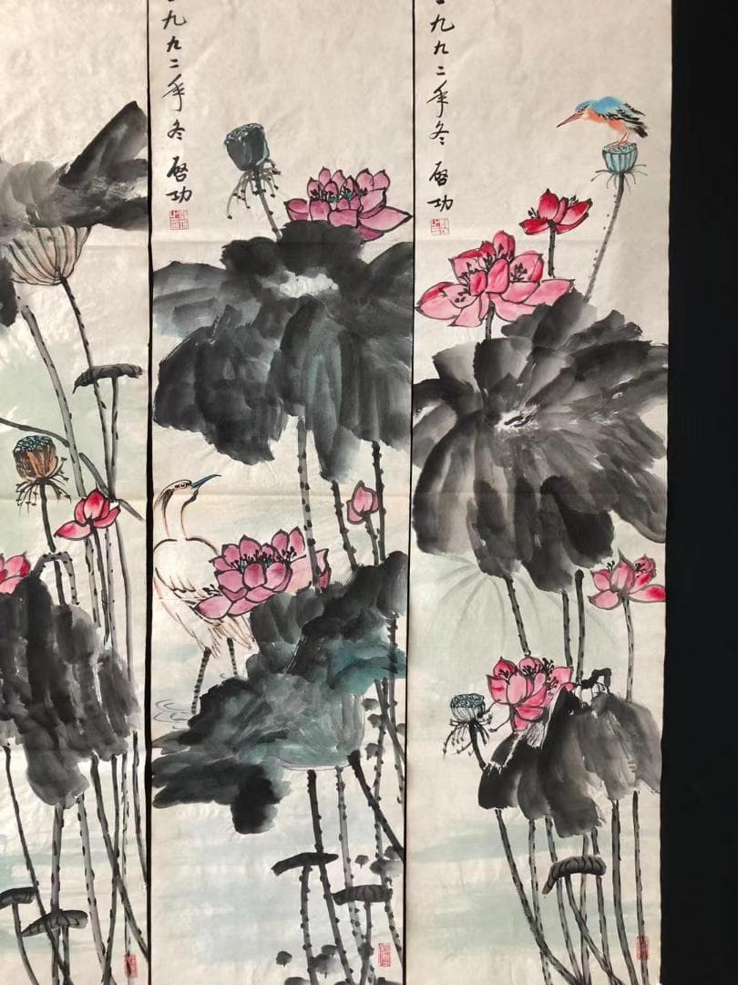 中国美術・純手描き四連花鳥蓮画芯・水墨画・啓功印款・肉筆・宣紙・茶道・国画・文房