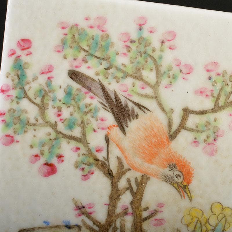 中国　粉砕　漢詩花鳥文　香炉　陶枕　C　6703E