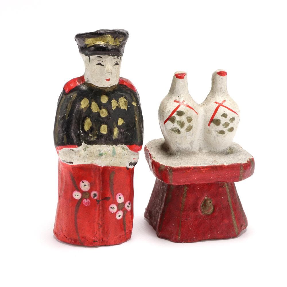 206B 古い花巻人形 4体 土人形 天神様 鯛担ぎ 神酒 兵隊 高さ9.5㎝