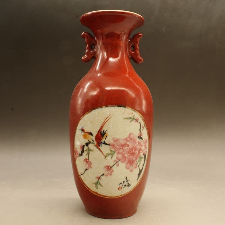 紅釉花鳥雪景瓶 景徳鎮 陶磁器 装飾品 工芸品 美術品 置物