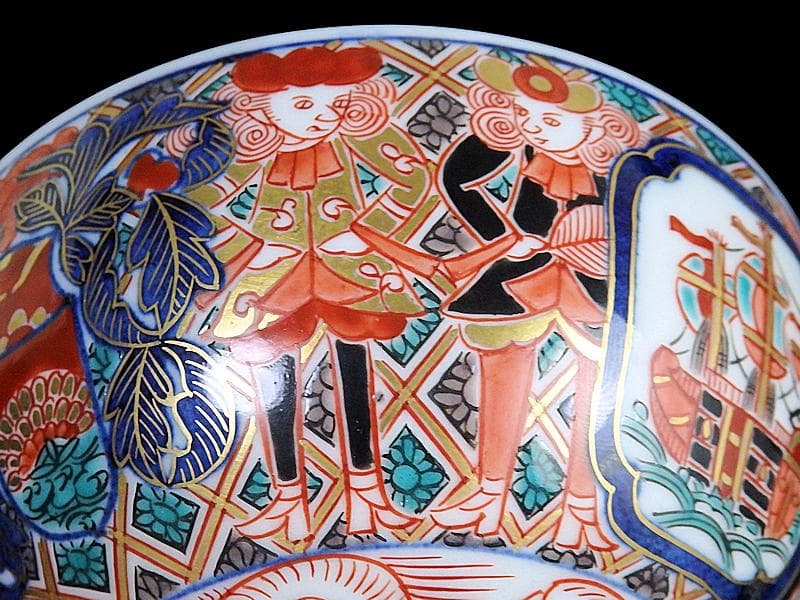 大聖寺伊万里　金襴手　五艘船に南蛮人の図　蓋茶碗　D898AS-CYo