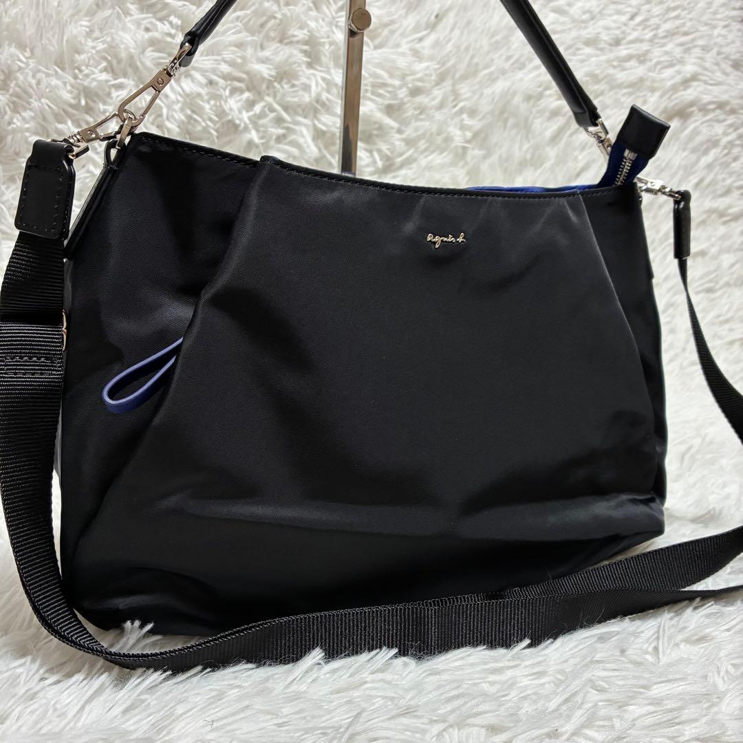 アニエスベー　2wayバッグ　ナイロン　レザー　ゴールドロゴ　ブラック×ブルー