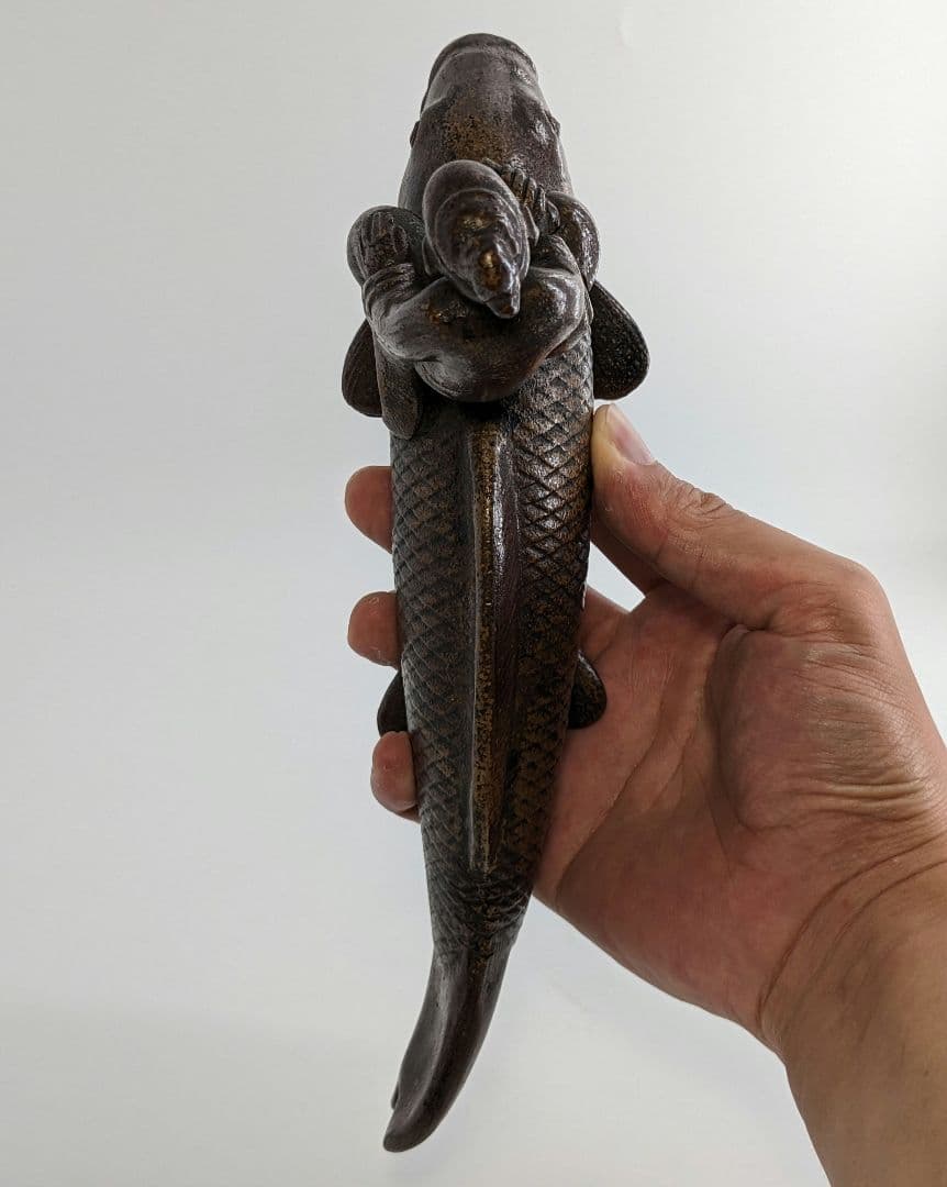 木村陶峰 備前焼 鯉仙人置物 琴高仙人 細工物 魚 縁起物 工芸品 インテリア